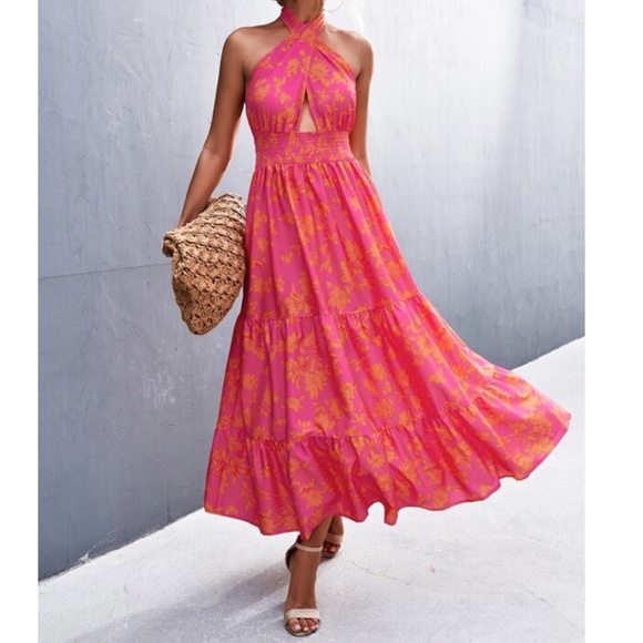 Dresses & Skirts - SOLD OUT Fuchsia & Orange Floral Printed Smocked Halter Tiered Summer Maxi Dress